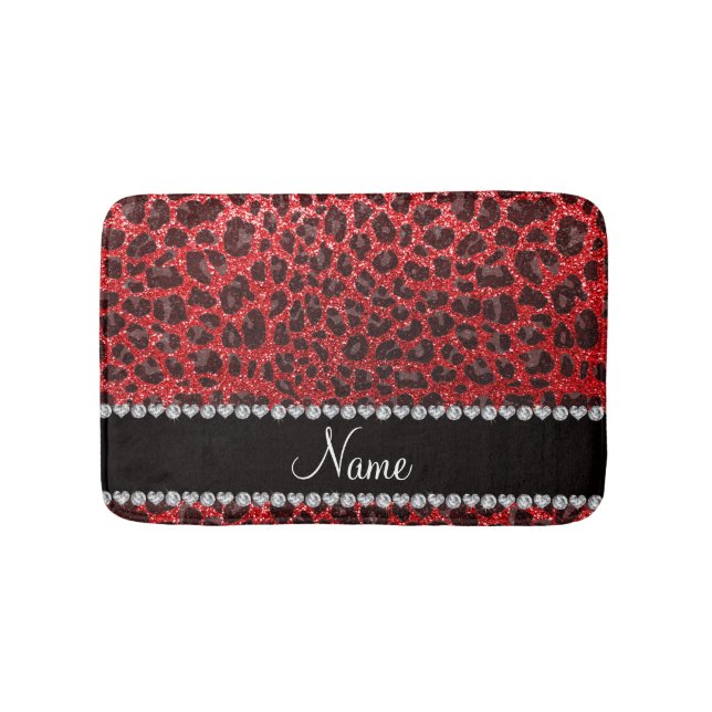 Custom name red glitter leopard spots bath mat (Front)
