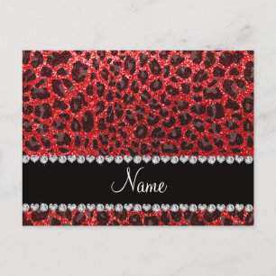 Custom name red glitter leopard spots postcard