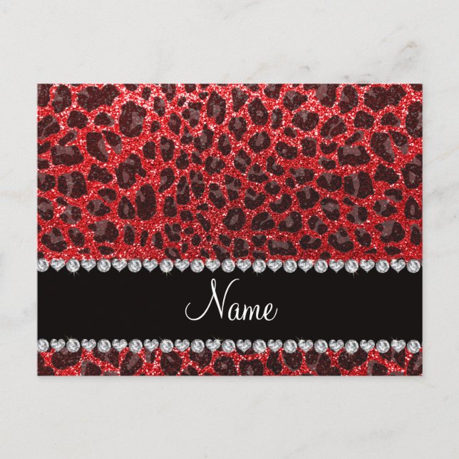 Custom name red glitter leopard spots postcard (Front)