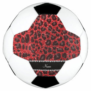 Custom name red glitter leopard spots soccer ball