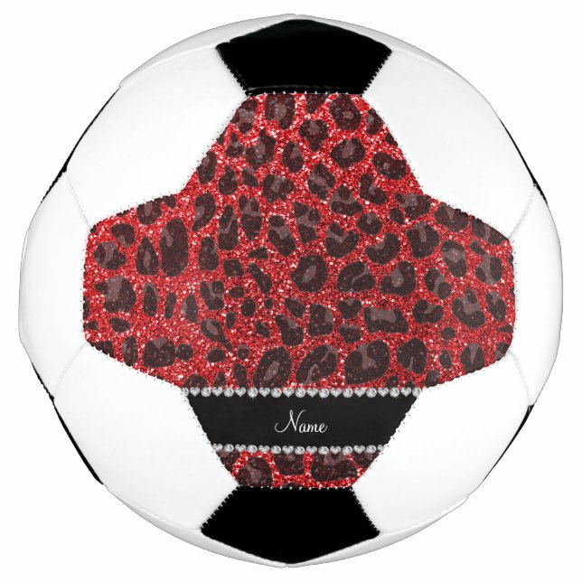 Custom name red glitter leopard spots soccer ball (Front)