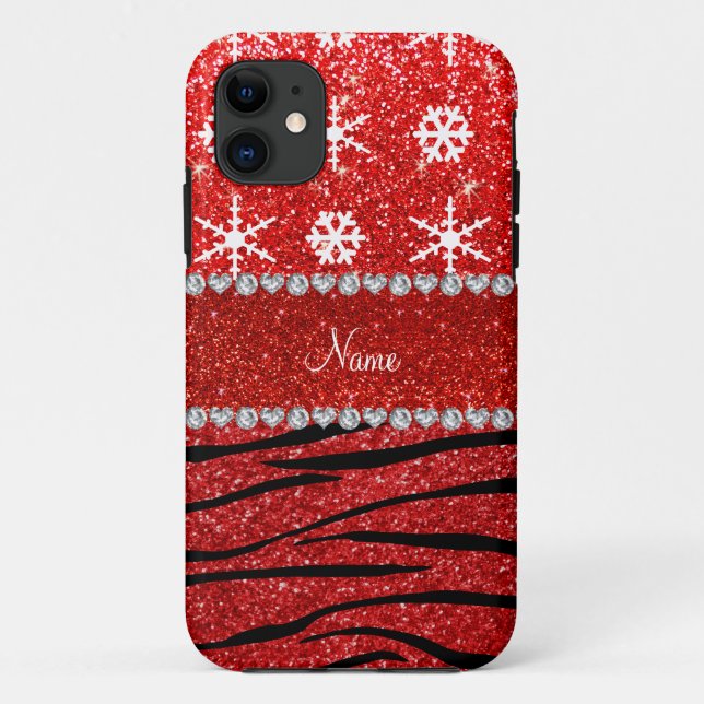 Custom name red glitter zebra snowflakes Case-Mate iPhone case (Back)