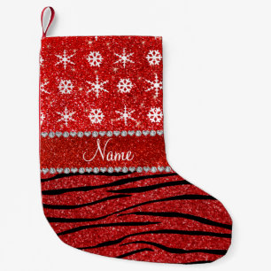 Custom name red glitter zebra snowflakes small christmas stocking