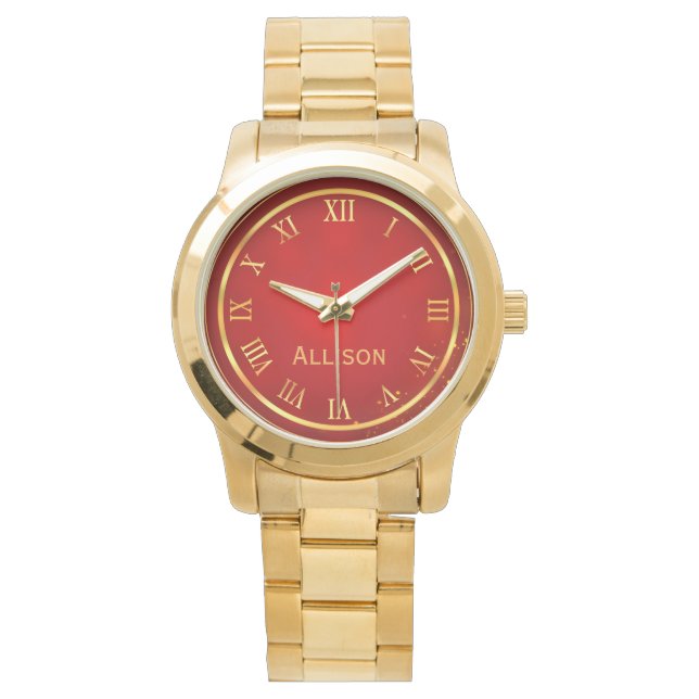 Custom Name Red Gold Classy Elegant Roman Watch (Front)