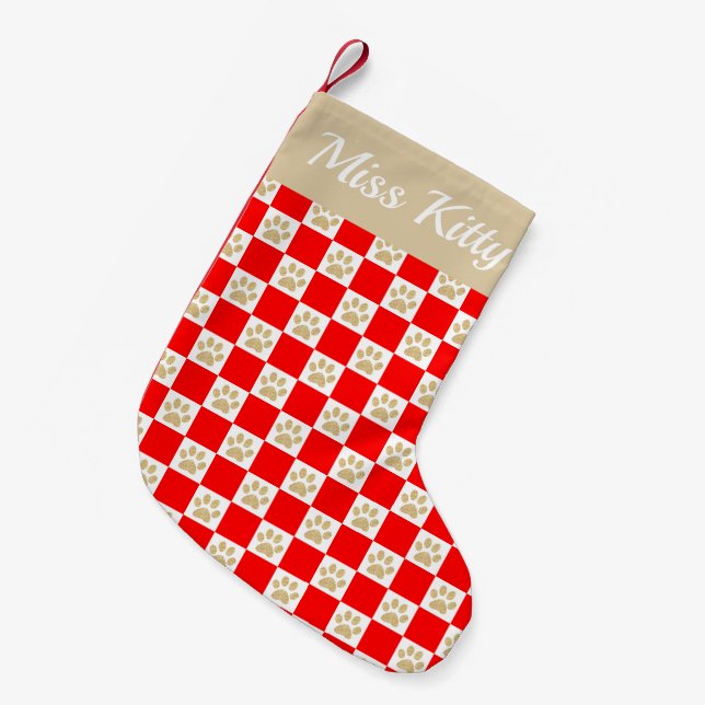 Custom Name Red Gold Paw Print Checker Pattern Pet Small Christmas Stocking (Front (Hanging))