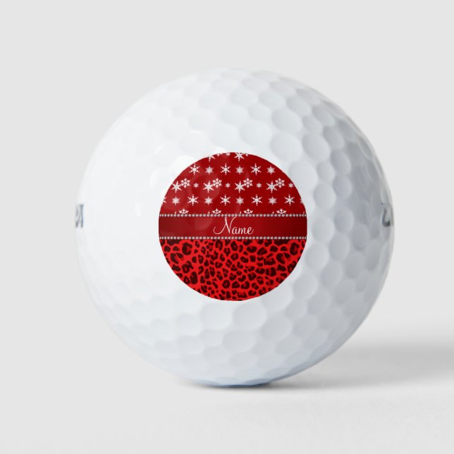 Custom name red leopard red snowflakes red stripe golf balls (Front)