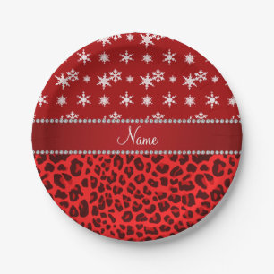 Custom name red leopard red snowflakes red stripe paper plate