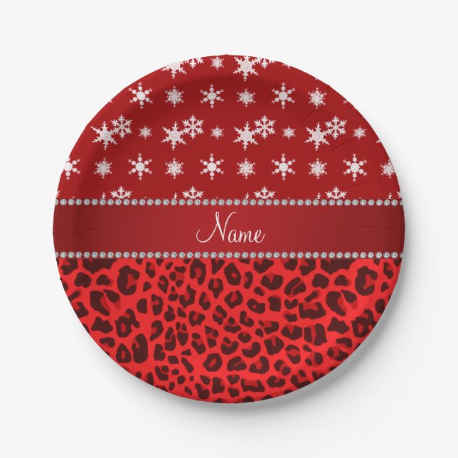 Custom name red leopard red snowflakes red stripe paper plate (Front)