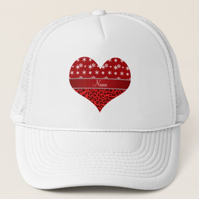 Custom name red leopard red snowflakes red stripe trucker hat (Front)