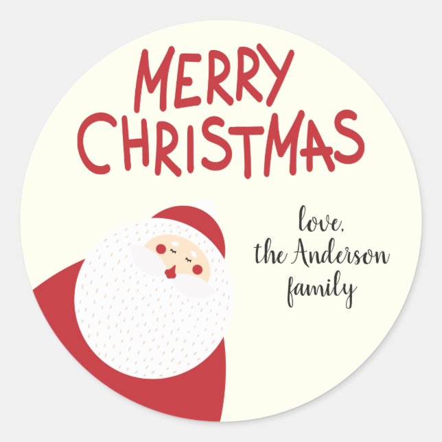 Custom Name Red Merry Christmas Santa Holiday Classic Round Sticker (Front)