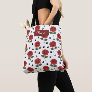 Custom Name Red Roses and Paw Prints Tote Bag