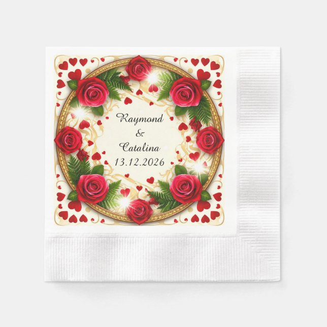 🌹 Custom Name Red Roses Glow 💖 Elegant Floral Napkin (Front)