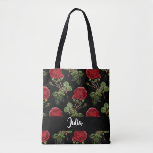 Custom name red roses tote bag