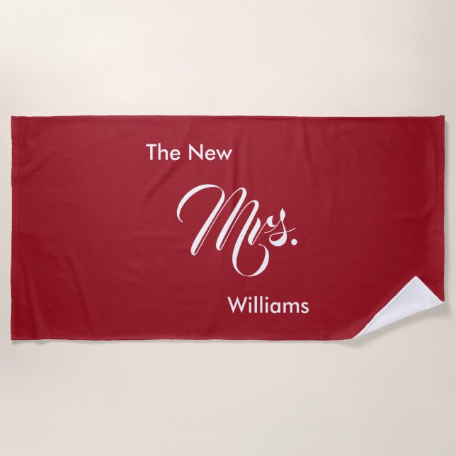 Custom Name Red The New Mrs. Wedding Beach Towel (Front)