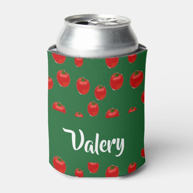 Custom name red tomatoes on green can cooler (Can Front)