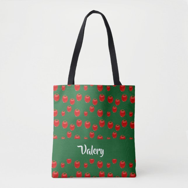 Custom name red tomatoes on green tote bag (Front)