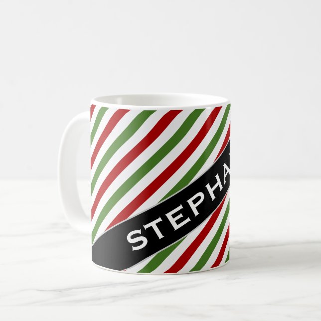 Custom Name + Red, White & Green Striped Pattern Coffee Mug (Front Left)
