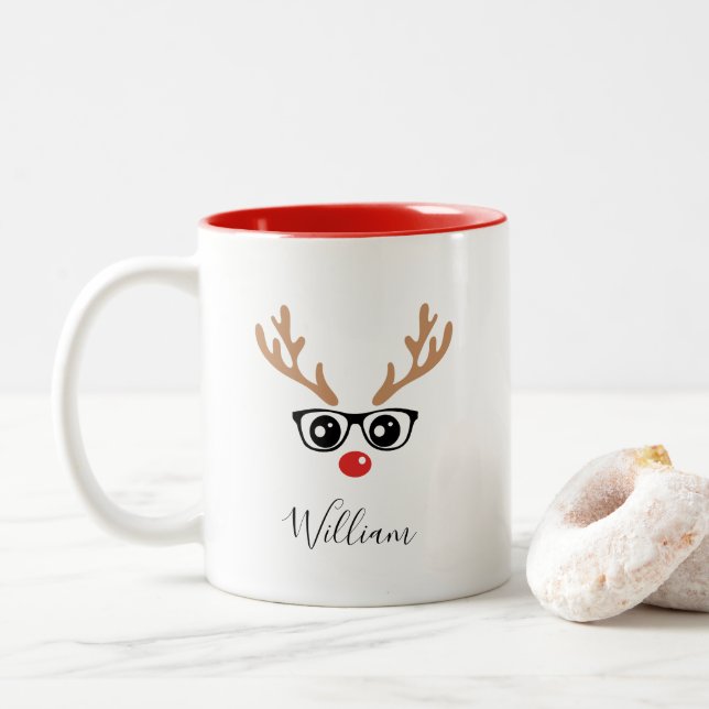 Custom Name Reindeer Face Christmas Mug (With Donut)