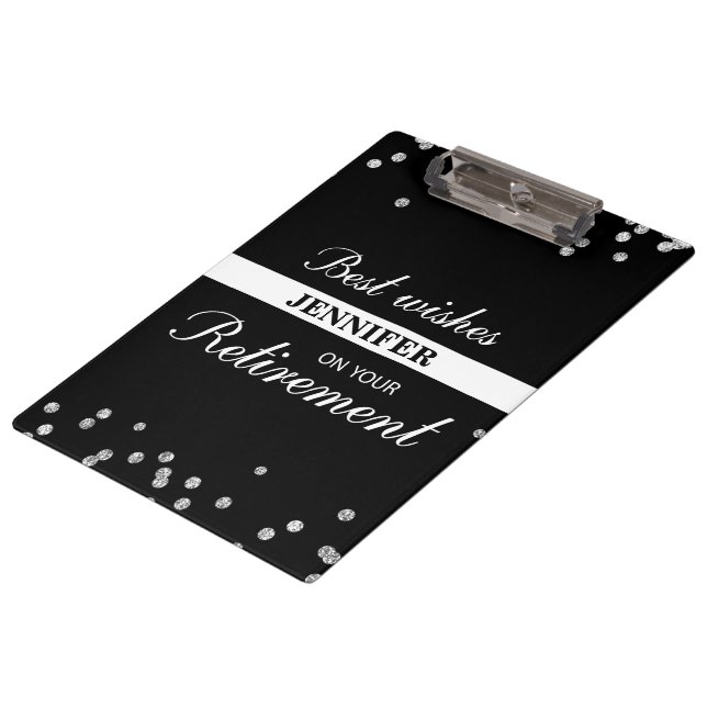 Custom Name, Retirement Congratulations Black Clipboard (Angled)
