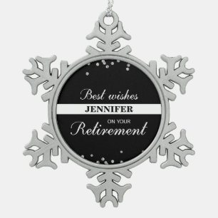 Custom Name, Retirement Congratulations Black Snowflake Pewter Christmas Ornament