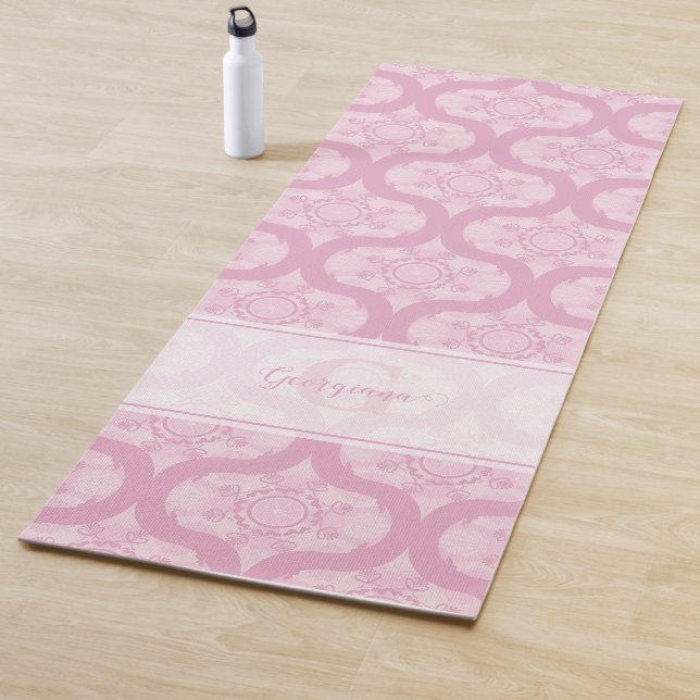 Custom Name Retro 1970s Preppy In Pink Mandala Yoga Mat (In Situ)