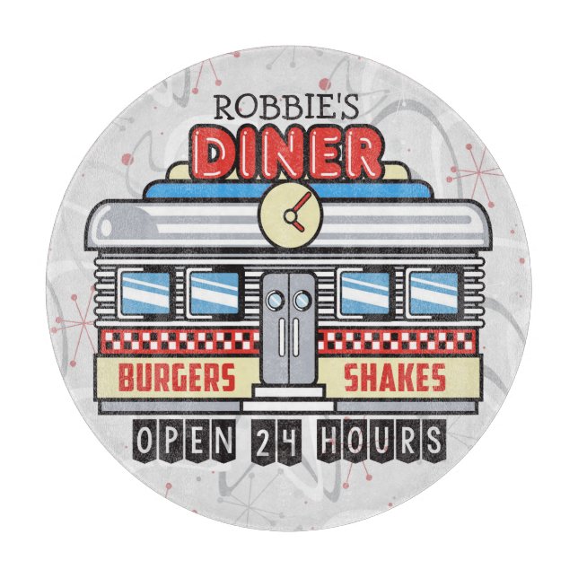 Custom NAME Retro 50s Diner Sign Fifties Atomic Cutting Board (Front)