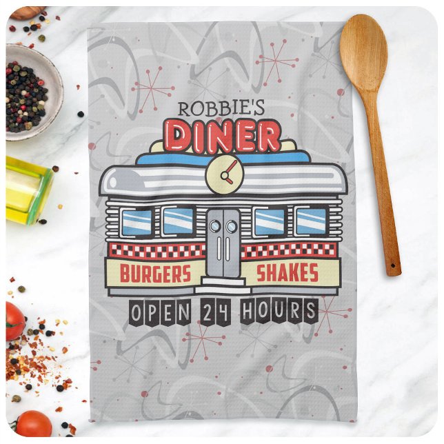 Custom NAME Retro 50s Diner Sign Fifties Atomic Tea Towel (Creator Uploaded)