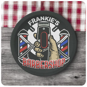 Custom NAME Retro Barber Shop Pole Barbershop Paper Plate