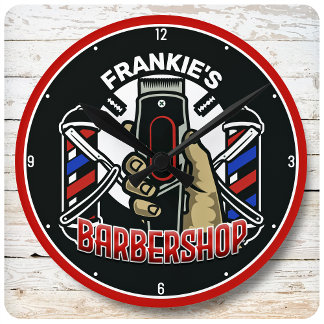 Custom NAME Retro Barber Shop Pole Barbershop Round Clock