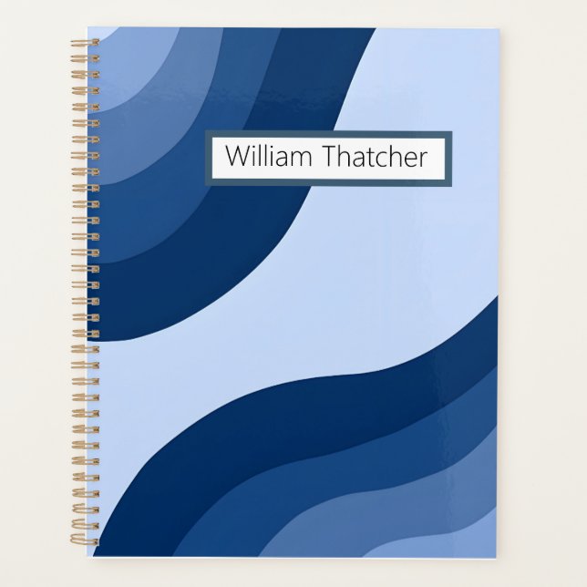 Custom Name Retro Blue Wavy Notebook Planner (Front)