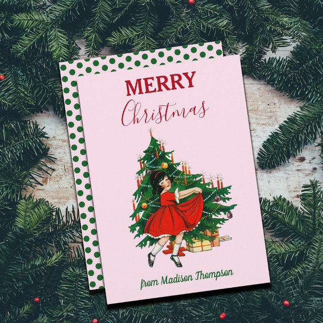 Custom Name Retro Christmas Girl Xmas Tree Pink Holiday Card (Creator Uploaded)