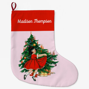 Custom Name Retro Christmas Girl Xmas Tree Pink Large Christmas Stocking