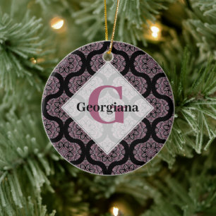 Custom Name Retro Dusky Rose Floral Fronds Mandala Ceramic Tree Decoration