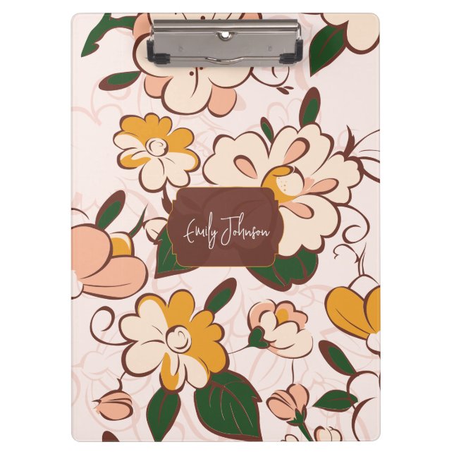 Custom Name Retro Floral Meadow Cream Peach Yellow Clipboard (Front)