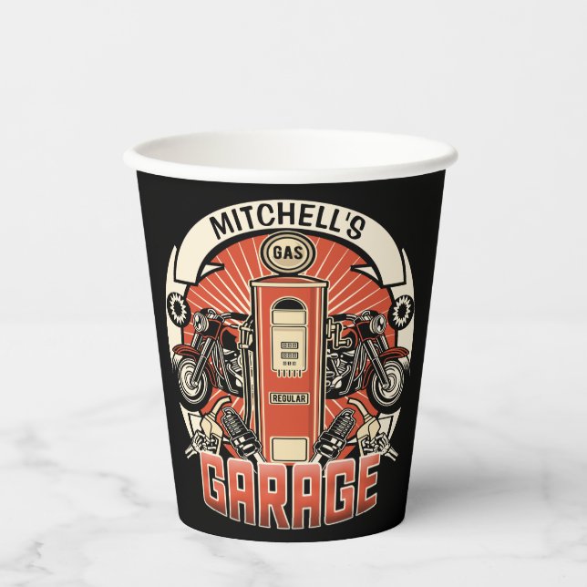 Custom NAME Retro Gas Pump Motorcycle Biker Garage Paper Cups (Front)