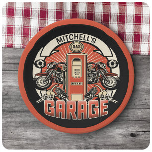 Custom NAME Retro Gas Pump Motorcycle Biker Garage Paper Plate