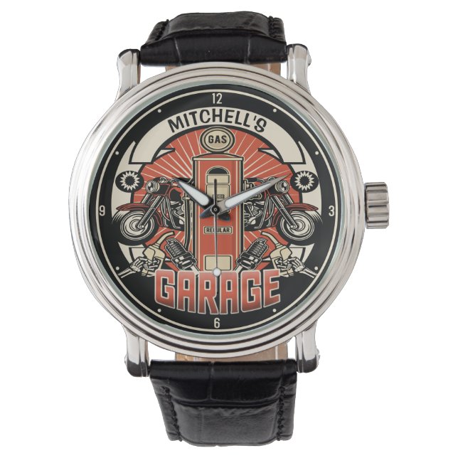 Custom NAME Retro Gas Pump Motorcycle Biker Garage Watch (Front)