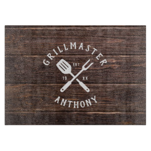 Custom Name Retro GRILLMASTER Rustic Dark Wood Cutting Board