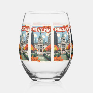 Custom Name Retro Philadelphia Stemless Wine Glass