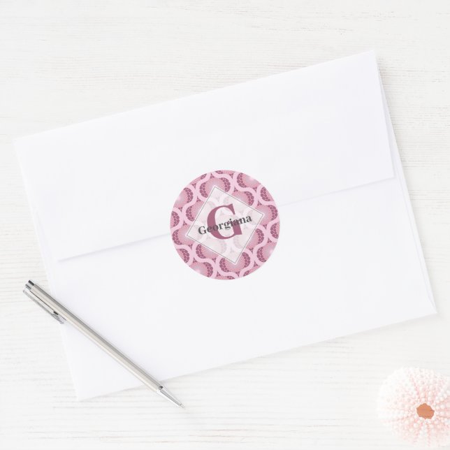 Custom Name Retro Radiant Dusky Rose Dot Mandala Classic Round Sticker (Envelope)
