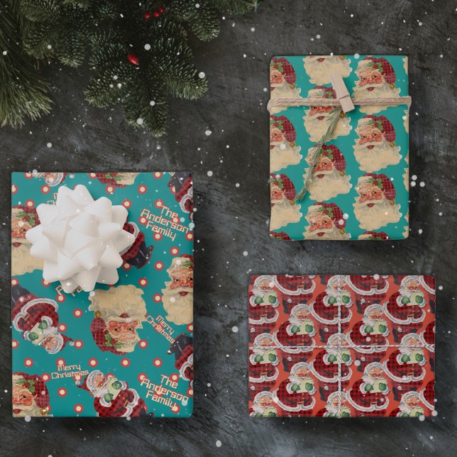 Custom Name Retro Santa Claus Christmas Trio Gift Wrapping Paper Sheet (Creator Uploaded)