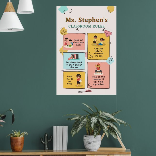 Custom Name Retro Style Teacher's Classroom Rules Poster (Living Room 1)