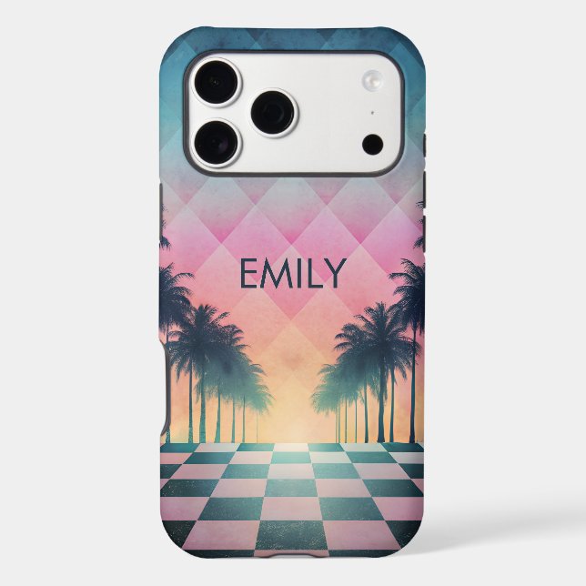 Custom Name Retro Synthwave Sunset Palm Trees (Back)