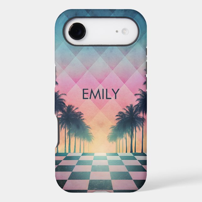 Custom Name Retro Synthwave Sunset Palm Trees (Back)