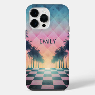 Custom Name Retro Synthwave Sunset Palm Trees iPhone 14 Pro Max Case