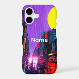 Custom Name Retro Urban Rain Cityscape iPhone Case