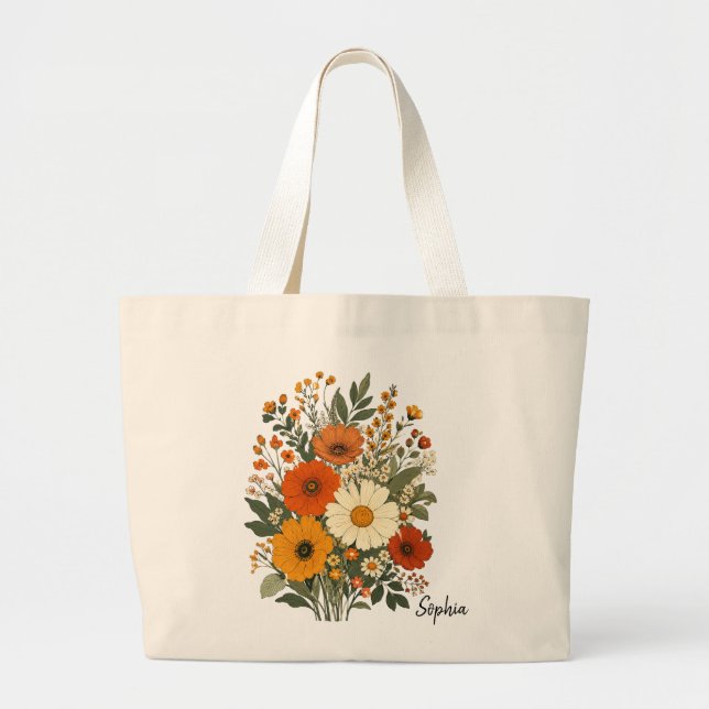 Custom Name Retro Wildflower Aesthetic Tote Bag (Front)