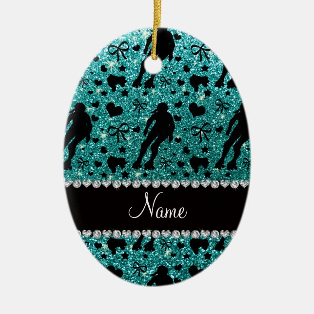 Custom name robin egg blue glitter roller derby ceramic tree decoration (Front)