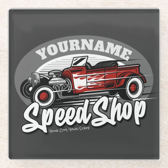 Custom NAME Rockabilly Roadster Speed Shop Garage Glass Coaster (Front)