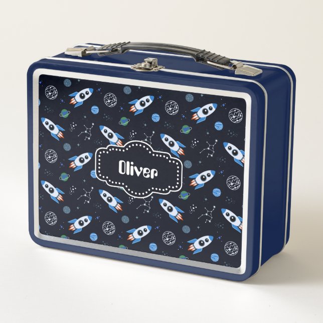 Custom Name Rocketship Pattern Metal Lunch Box (Front)